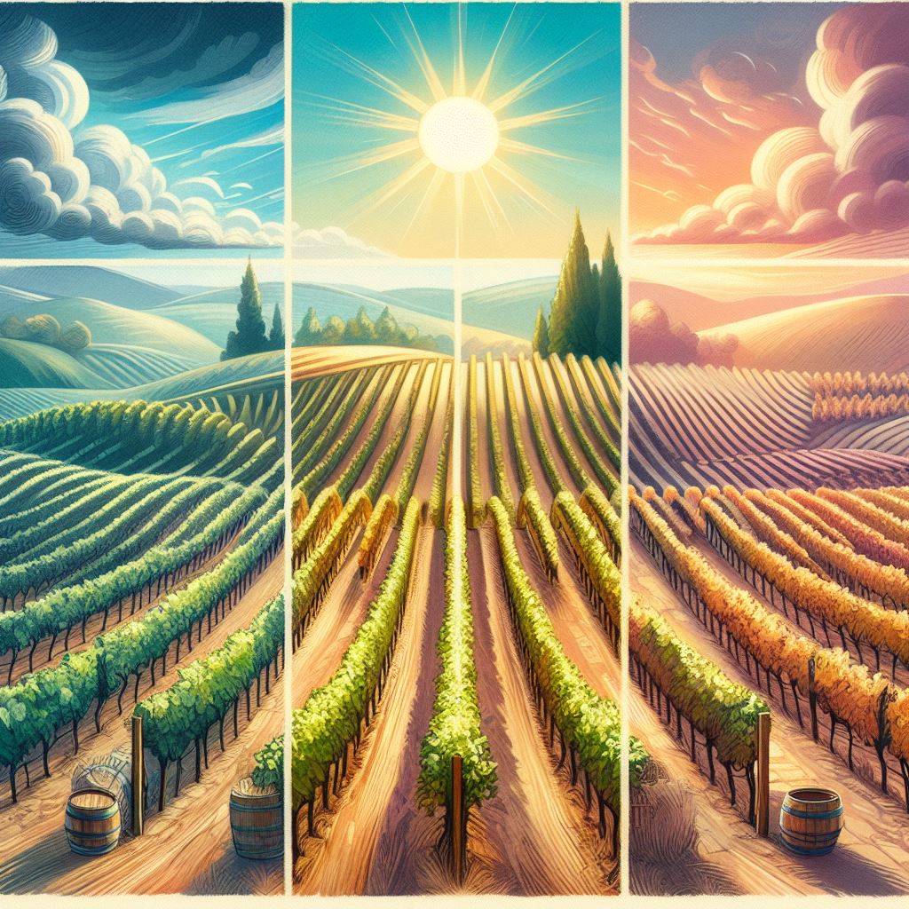vignoble situé sur une colline, sous un ciel ensoleillé, avec des rangées de vignes différentes en fonction du terroir. Chaque rangée de vignes doit avoir des caractéristiques distinctes pour illustrer l'impact du terroir sur le goût du vin.