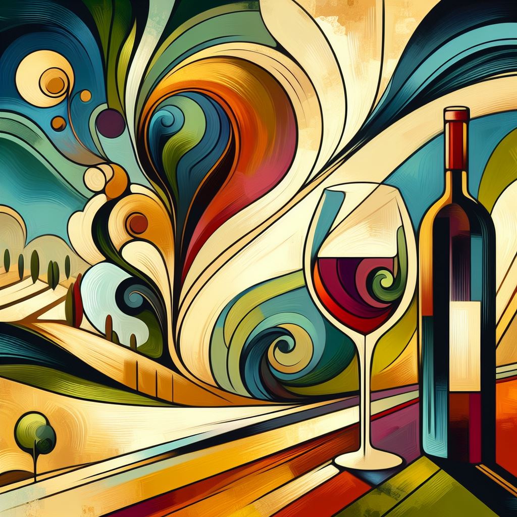Illustration pour un article sur le vin et l'art montrant un tableau abstrait inspiré des couleurs et des formes des vignobles, avec une bouteille de vin et un verre élégant posés à côté