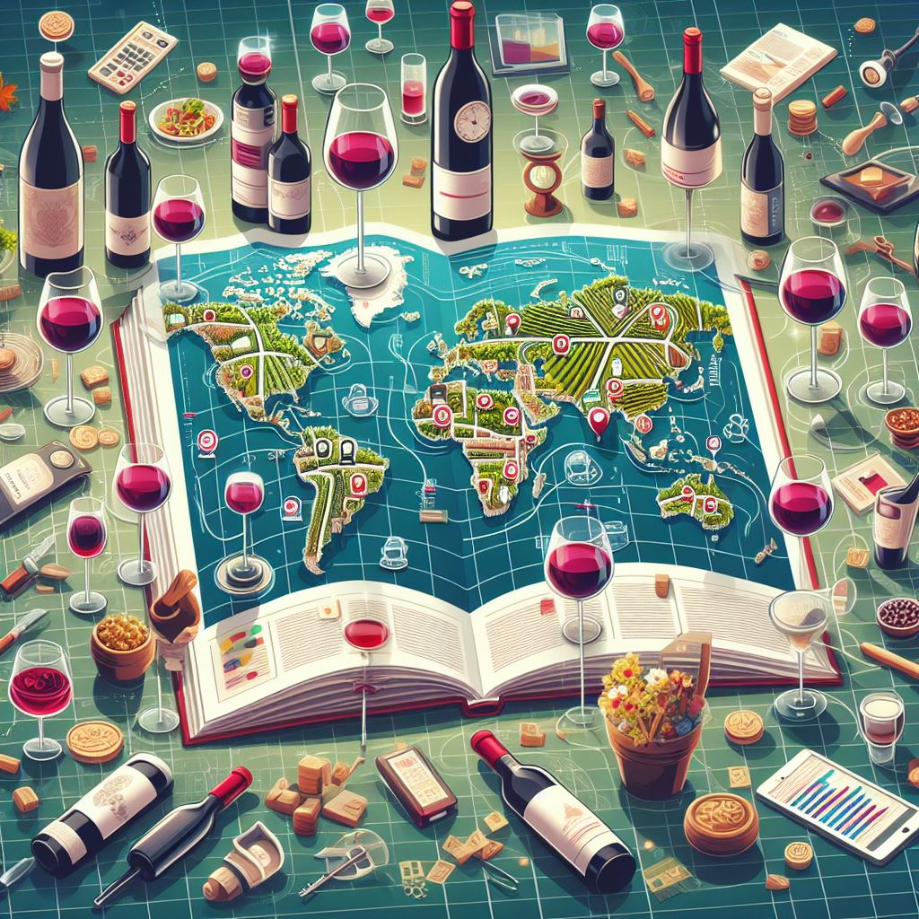 une carte du monde avec des vignobles représentés à travers des icônes spécifiques à chaque région viticole, entourée de verres de vin et de bouteilles de vin.