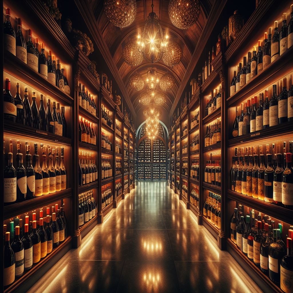 une cave à vin luxueuse remplie de bouteilles de vins mythiques provenant de différents pays, avec des étiquettes élégantes et des éclairages tamisés pour un effet mystique.