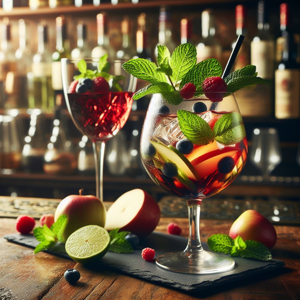 Une image représentant un verre élégant de cocktail au vin, garni de fruits frais et de feuilles de menthe, posé sur un fond de bar rustique