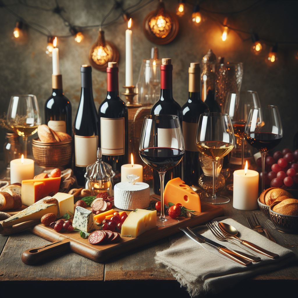 Table élégamment dressée avec une sélection de bouteilles de vin, des verres à vin, des plateaux de fromages et de charcuteries, et quelques bougies pour une ambiance chaleureuse.