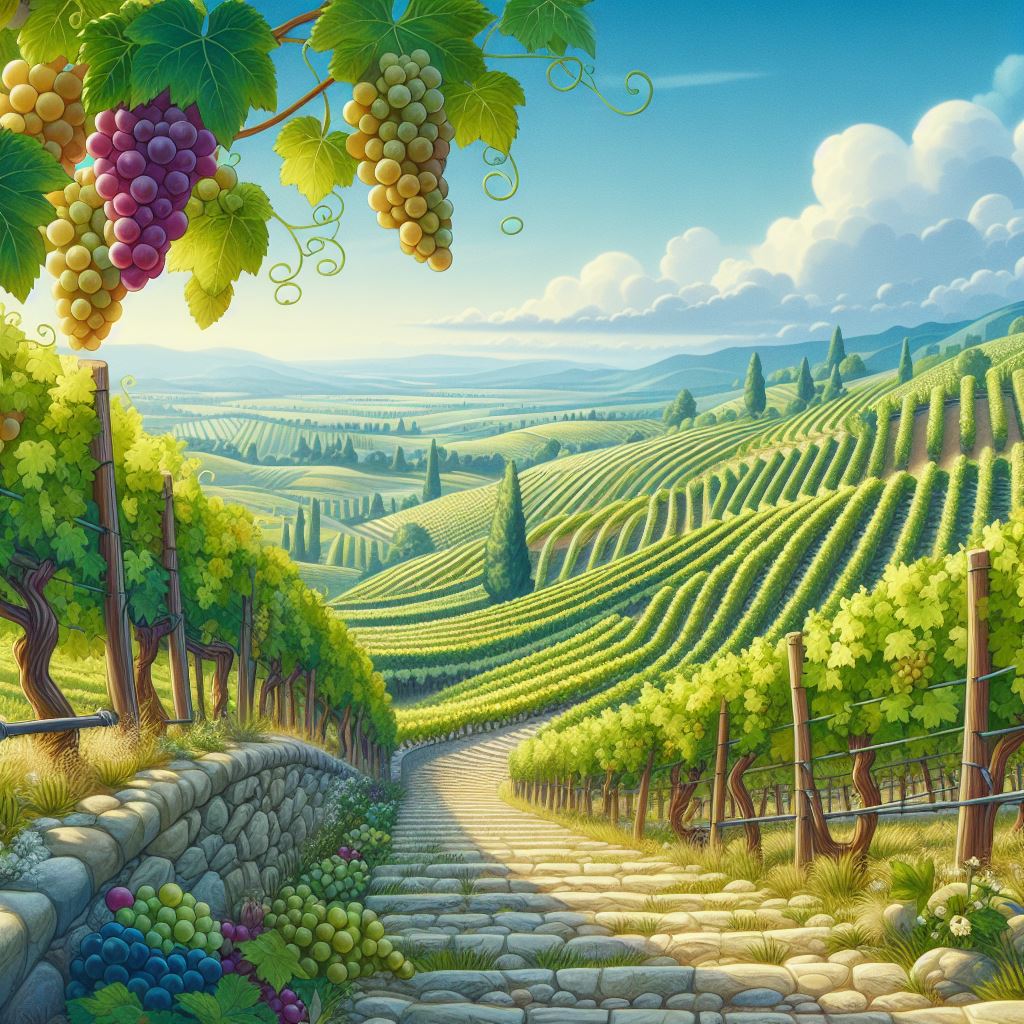 un paysage pittoresque de vignobles en terrasses à perte de vue, avec des rangées de vignes chargées de grappes de raisins mûrs sous un ciel bleu clair.