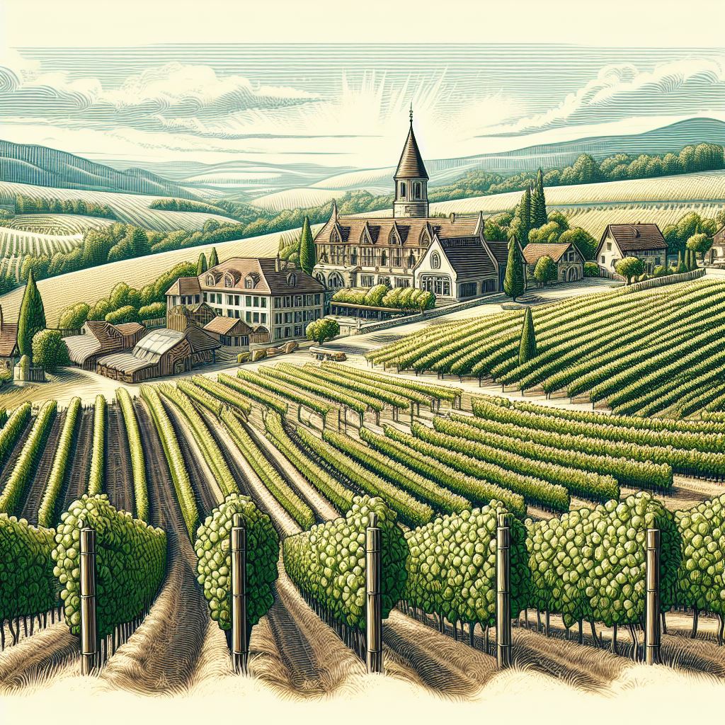 Un paysage viticole pittoresque avec des vignes bien alignées, un domaine viticole traditionnel en arrière-plan et un ciel dégagé pour illustrer la notion de terroir et l'authenticité d'un lieu.
