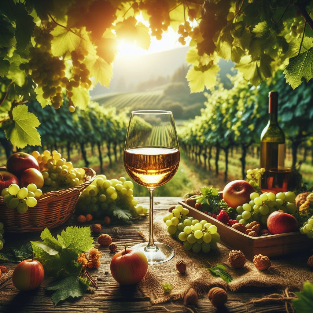 Un verre de vin biologique entouré de vignes luxuriantes.