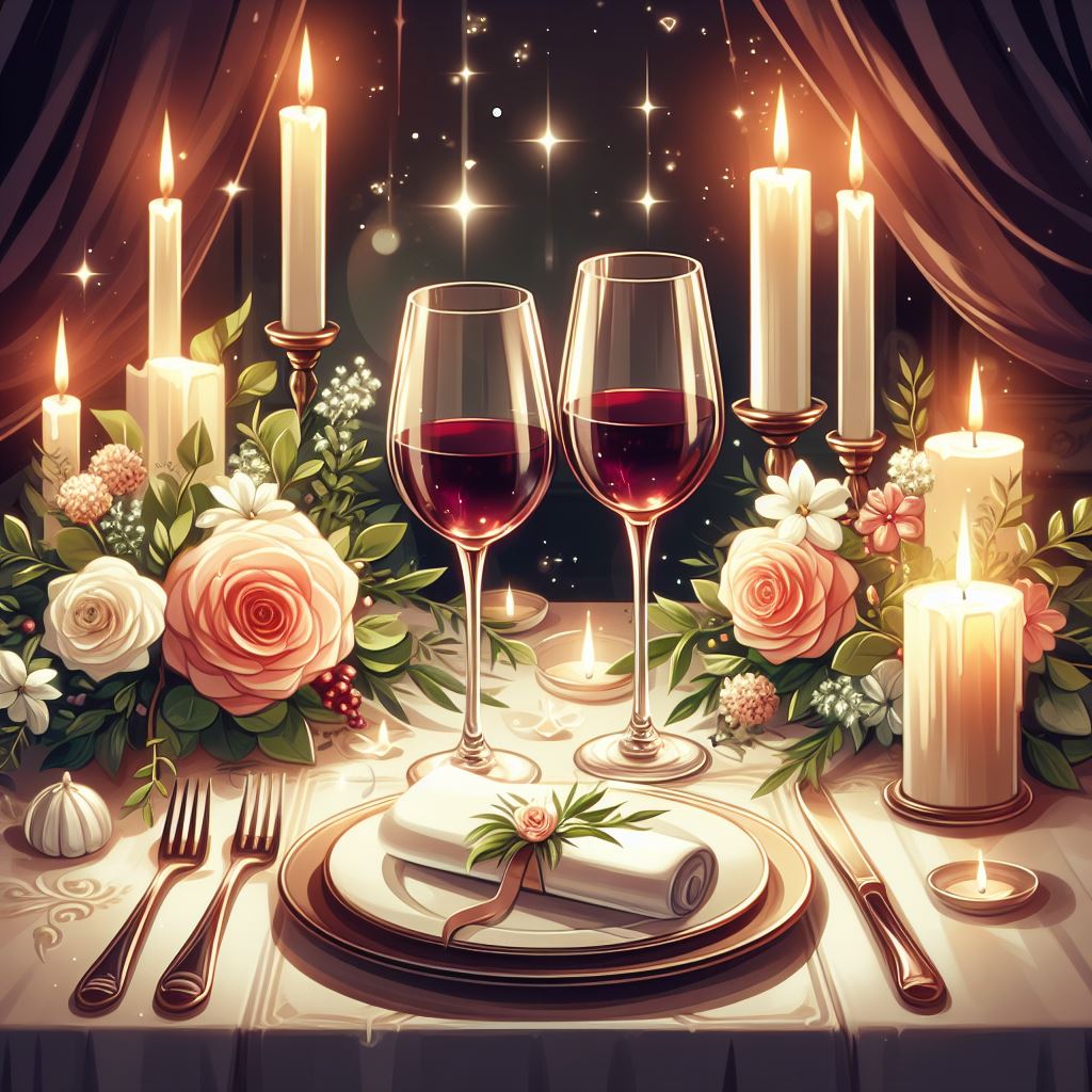 table élégamment dressée avec deux verres de vin rouges, des bougies allumées et des fleurs fraîches, créant une ambiance romantique pour une soirée spéciale.