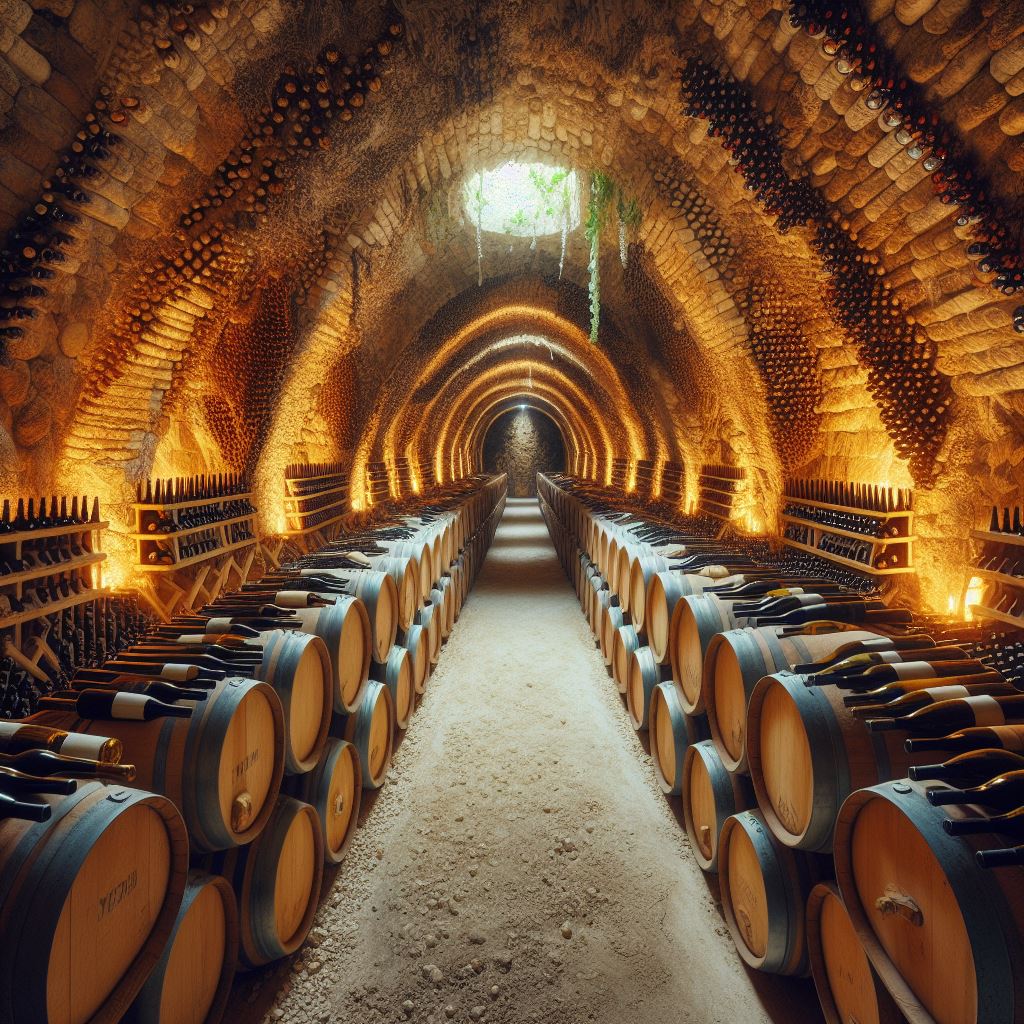 Un caveau de vin souterrain rempli de bouteilles