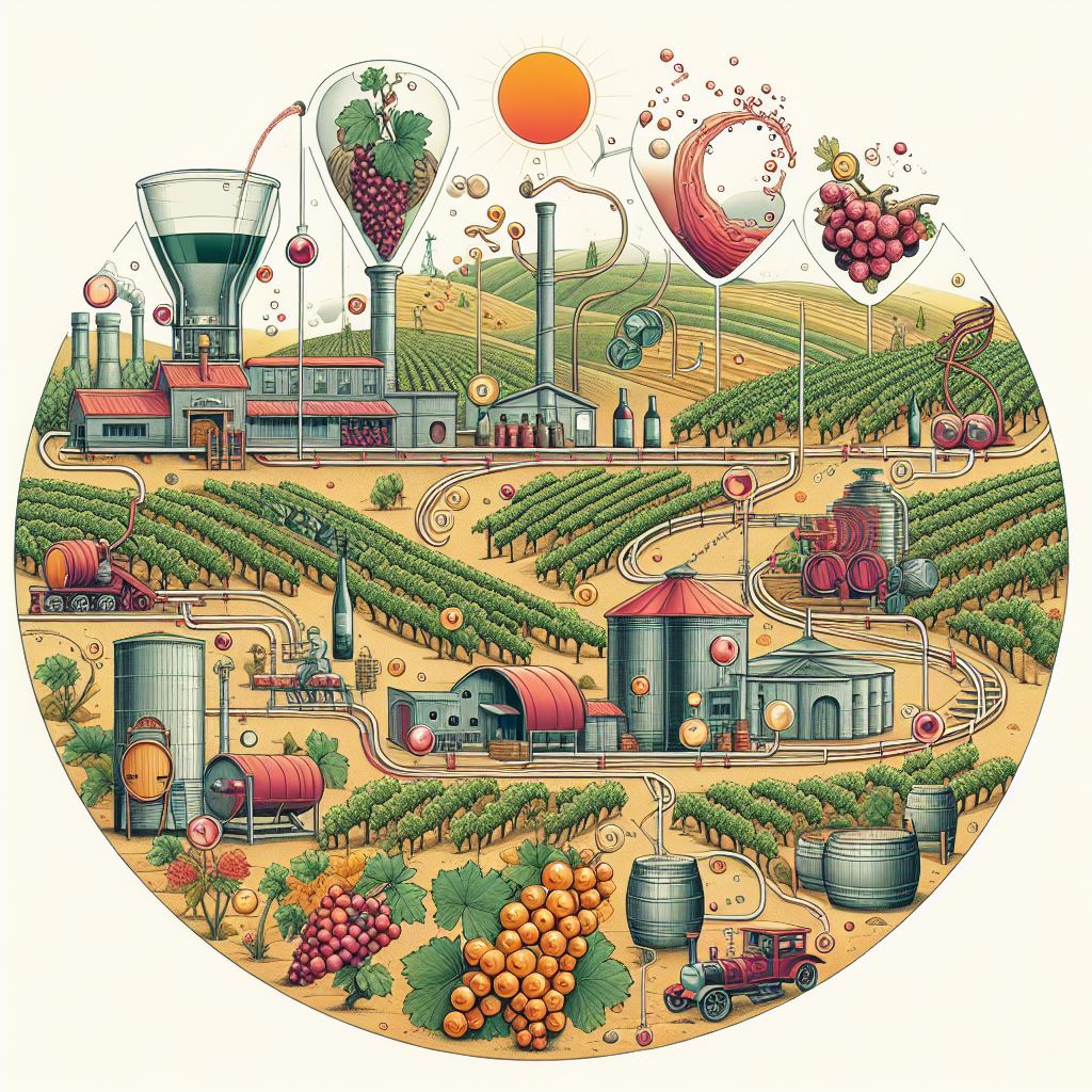 Une illustration représentant le processus complet de la vinification, de la culture des vignes à la mise en bouteille du vin, mettant en avant les différentes étapes clés du processus.